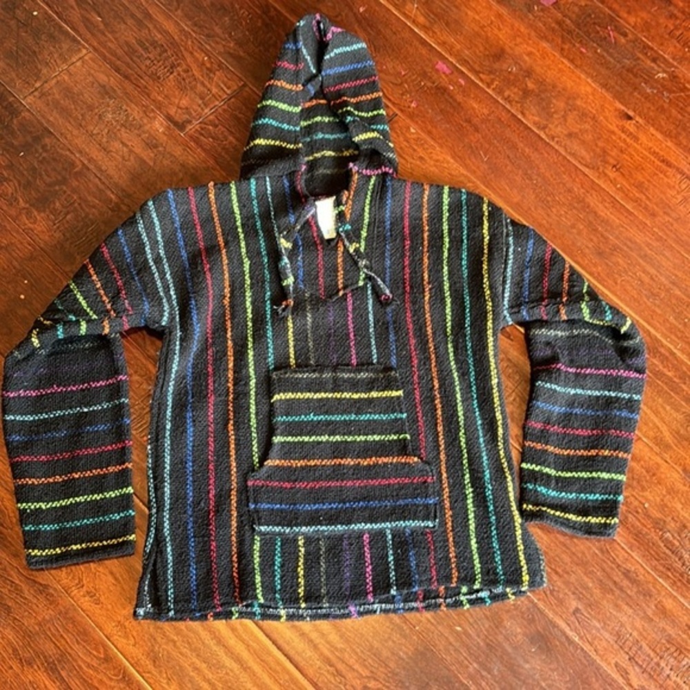 La Malinche rainbow and black striped hoodie drawstring hood pouch front bright